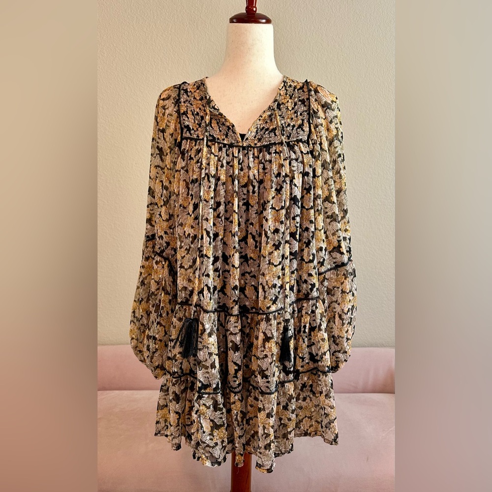 Free People Floral Mini Dress in Tan and Black - Picture 2 of 16
